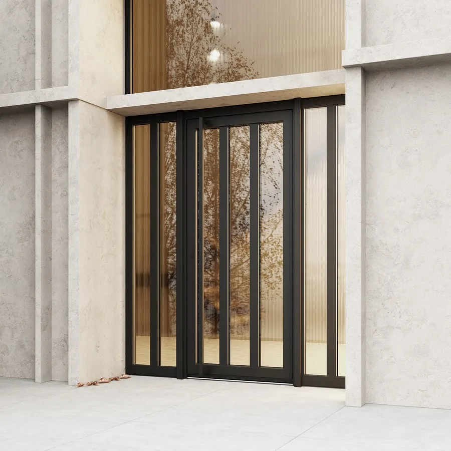 Dunkle Haustür mit Seitenteilen und Glasflächen